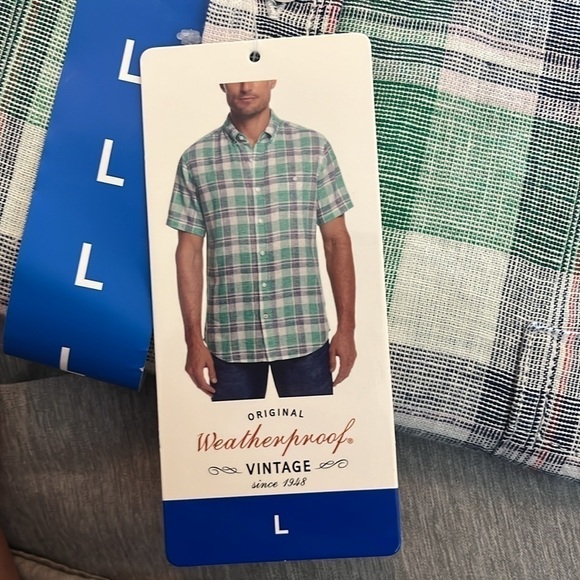 Weatherproof Vintage Mens Short Sleeve Linen Shirt Large Green/Navy Plaid - Picture 7 of 8